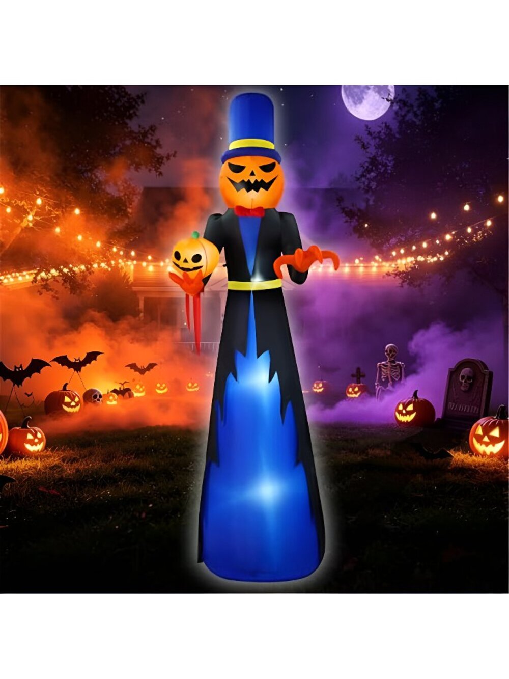 10FT Halloween Inflatable Outdoor Giant Gentleman Pumpkin Ghost with Blue Top